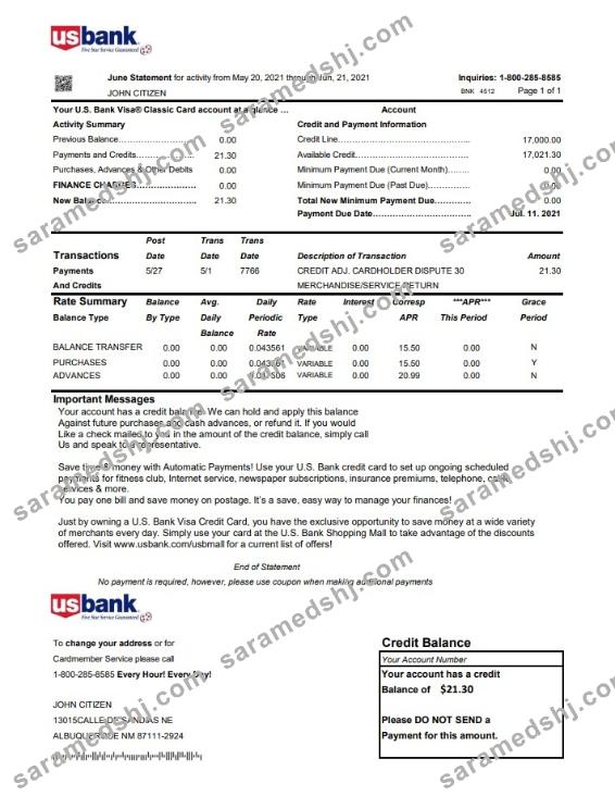 USA U.S. bank credit card statement template in Excel and PDF file format